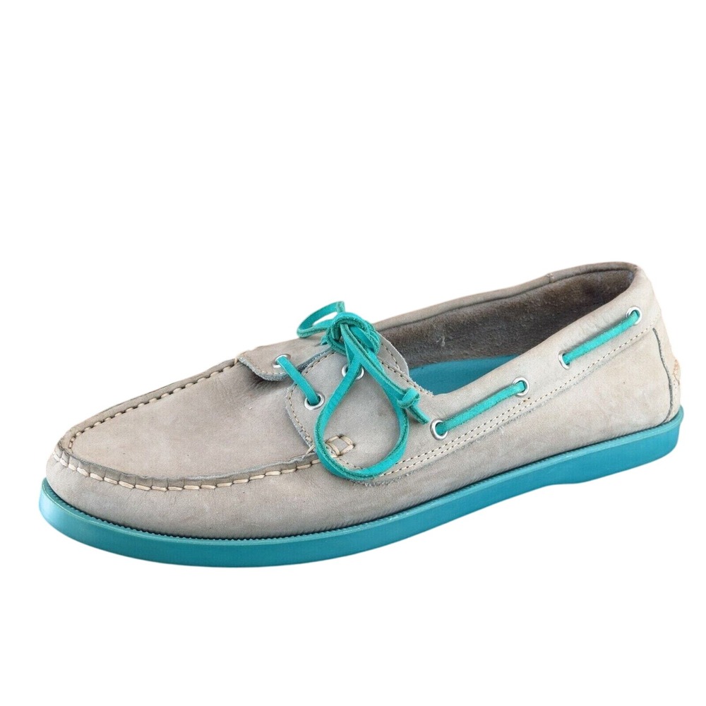 Tesori Women's Size 9 M Beige Leather Boat Shoes Teal Trim‎ Casual Comfort Style